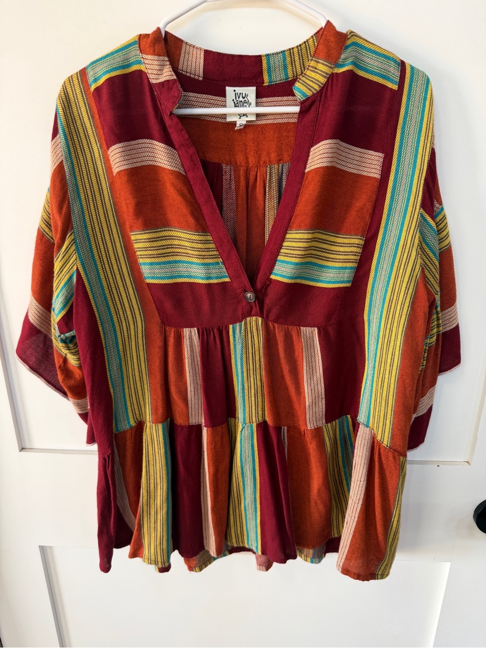 Ivy Jane Fall Multicolor Striped Women's Peasant Top small oversized